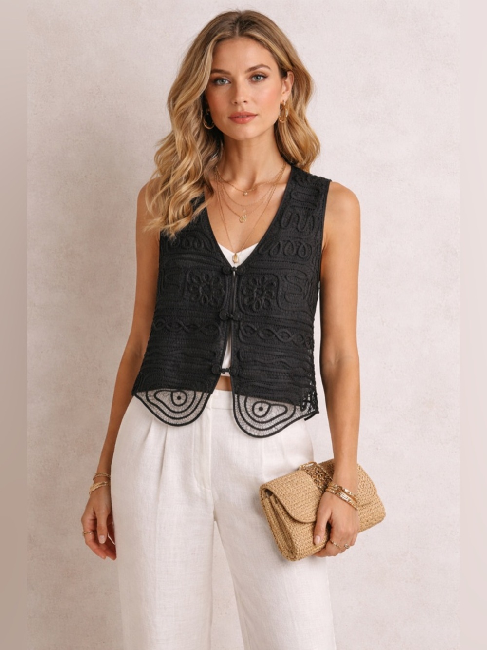 Marnie West Vintage-style Black Soutache Ribbon Lace Vest
